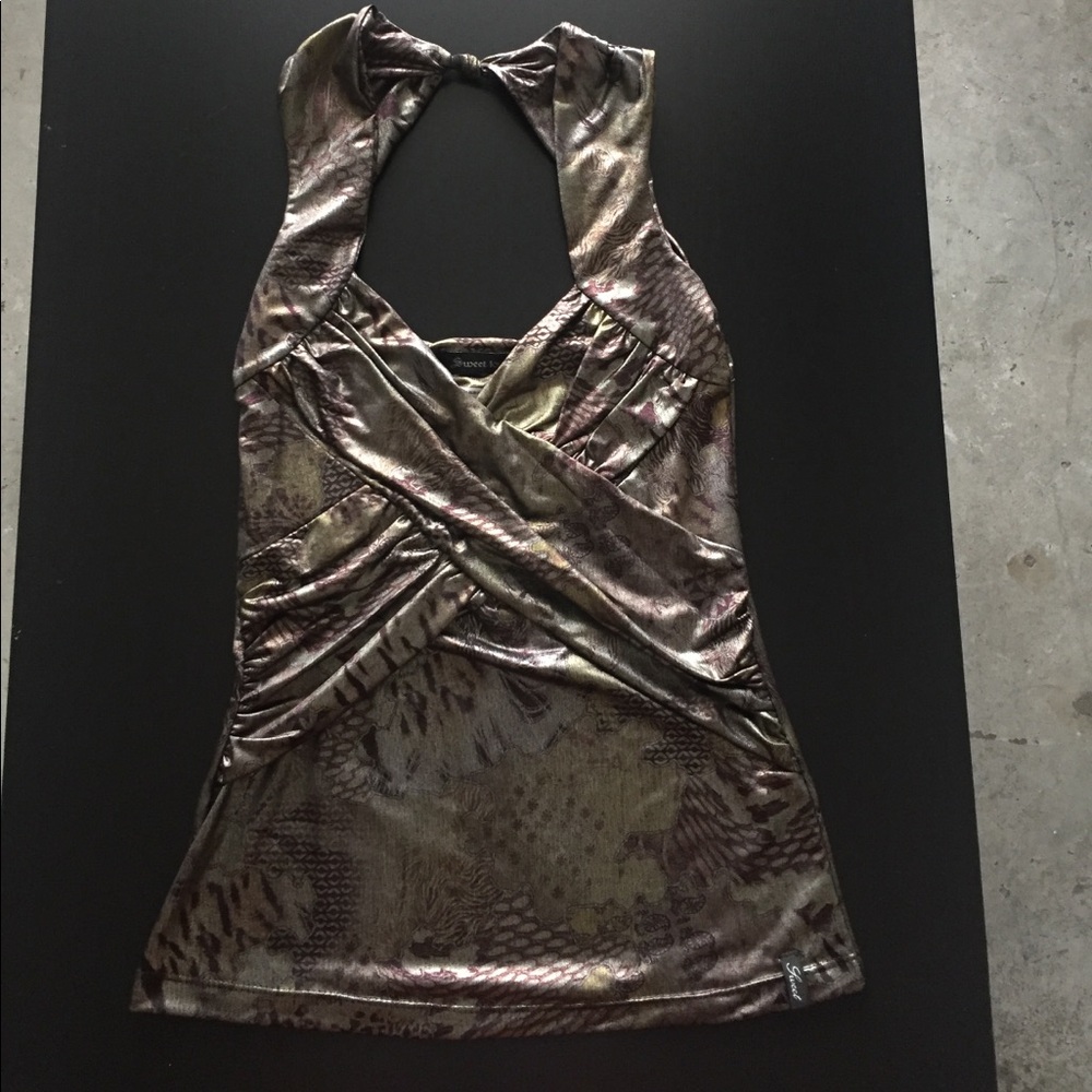 Sweet Love Metallic Olive Green Halter Tank Top